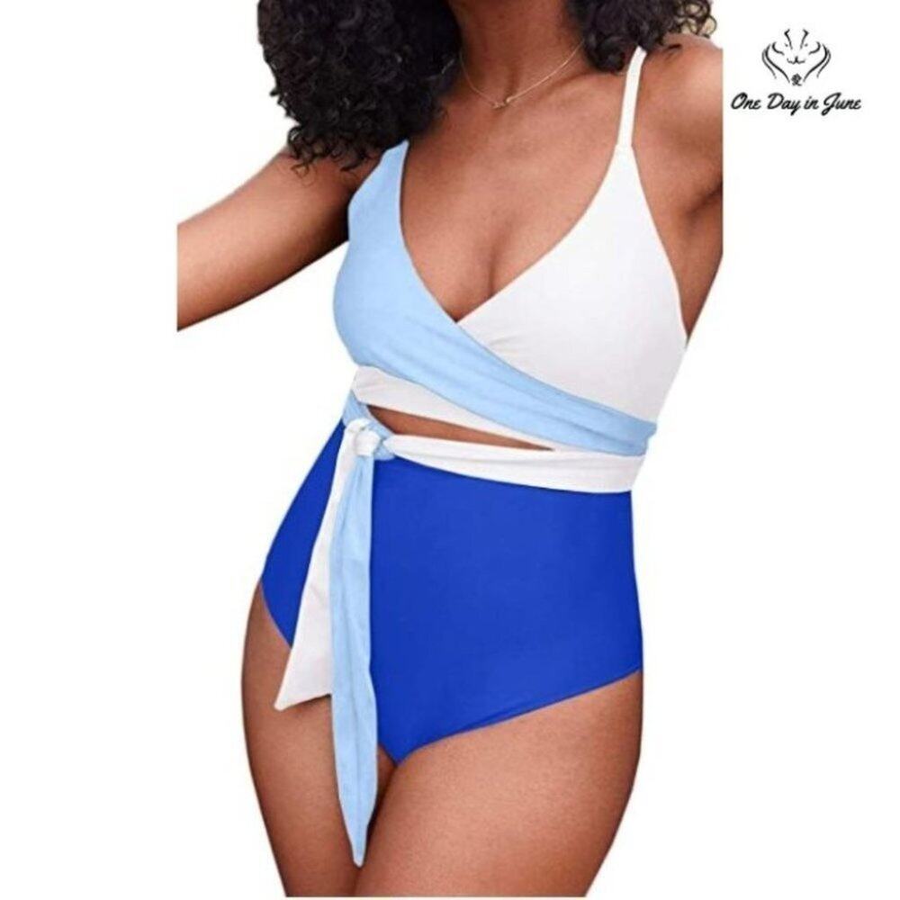 One Day in June Blue and White Wrap One Piece Swimsuit. NWOT, never worn.